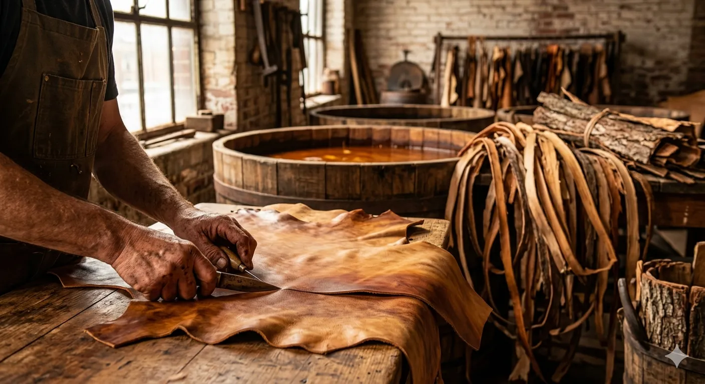 A craftsman working with leather hides in a traditional tannery workshop