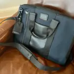 Article: Are Tumi Laptop Bags Worth It? Image shows my Tumi laptop bag on a leather chair
