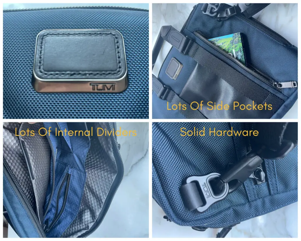 Tumi Laptop Bag Collage (Logo, Side Pockets, Internal Dividers, Hardware)